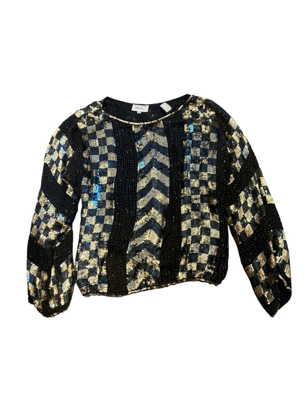 Nolan Miller Black and Gold Sequin Geometric Crewneck Sweater